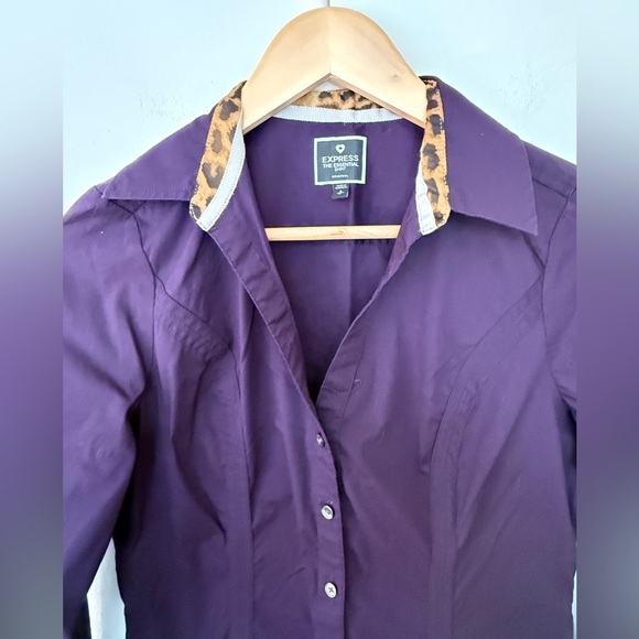 Express Deep Purple Button Down Shirt Leopard Trim Collar Women Small - Picture 7 of 11